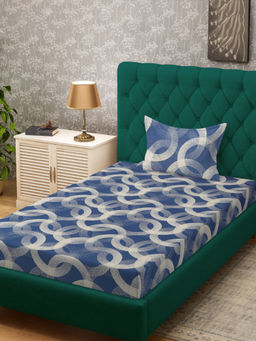 HOSTA HOMES - Navy Blue 280 TC Cotton Feel Printed Bedsheet & Pillow Cover (Single)