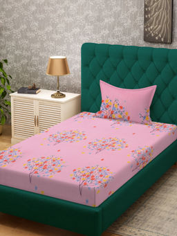 HOSTA HOMES - Pink 280 TC Cotton Feel Printed Bedsheet & Pillow Cover (Single)