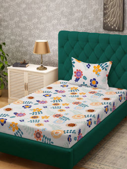 HOSTA HOMES - White 280 TC Cotton Feel Printed Bedsheet & Pillow Cover (Single)