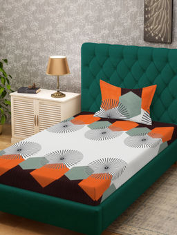 HOSTA HOMES - White Fitted 280 TC Cotton Feel Printed Bedsheet & Pillow Cover (Single)