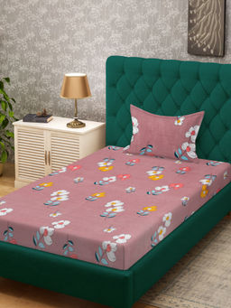 HOSTA HOMES - Pink Fitted 280 TC Cotton Feel Printed Bedsheet & Pillow Cover (Single)