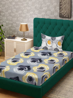 HOSTA HOMES - Grey Fitted 280 TC Cotton Feel Printed Bedsheet & Pillow Cover (Single)