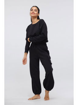 NeceSera - Jet Black Terry Jogger Pants With Patch Pocket