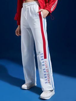 TOKYO TALKIES - Women White Contrast Tape Typographic Printed Track pant