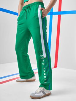 TOKYO TALKIES - Women Green Contrast Tape Typographic Printed Track pant