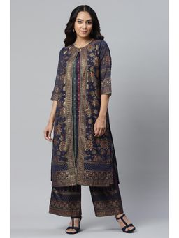 Aurelia - Dark Blue Printed Gilet with Sleeveless Kurta and Parallel Palazzo (Set of 3)