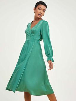 Styli - Green Long Sleeves Wrap Around Midi Dress