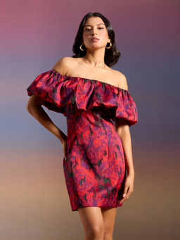 RSVP by Nykaa Fashion - Red and Black Jacquard Off Shoulder Ballon Panel Mini Dress