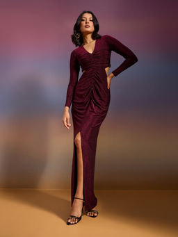 RSVP by Nykaa Fashion - Wine V Neck Cut Out Back Shimmer Bodycon Maxi Dress