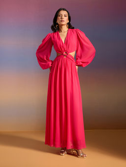 RSVP by Nykaa Fashion - Fuchsia Pink Solid V Neck Cut Out Maxi Dress