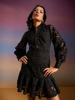 RSVP by Nykaa Fashion - Black Laced Mandarin Collar Ruffled Mini Dress