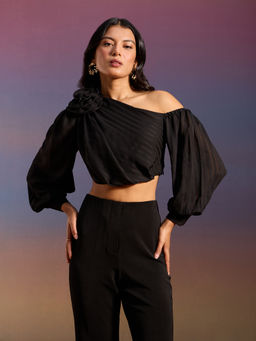 RSVP by Nykaa Fashion - Black Satin One Shoulder Rosette Detail Crop Top