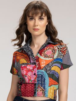 SHAYE - Collar Neck Multi-Color Floral Printed Short Sleeves Shirt For Women