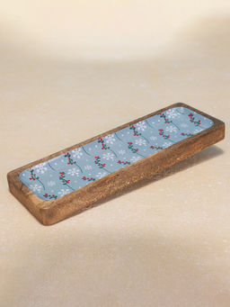 IREKA HOMES - Rectangular Acacia Wood Server with Blue Floral Enamel
