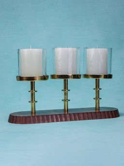 IREKA HOMES - Glory Acacia Wood T-Light Holder with Metal Stand & Glass