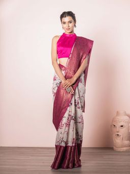 EXCLUSIVA - White and Pink Soft Printed Silk Linen Saree with Unstitched Blouse
