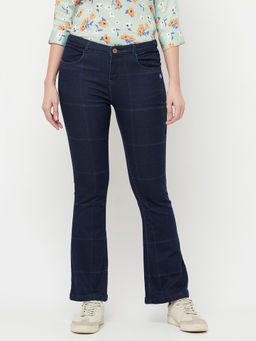 CRIMSOUNE CLUB - Women Navy Blue Checks Boot Cut Jeans