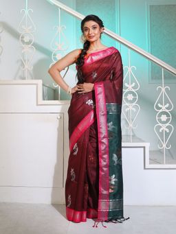 CHARUKRITI - Maroon Silk Matka Saree with Motifs and Contrast Pallu with Unstitched Blouse