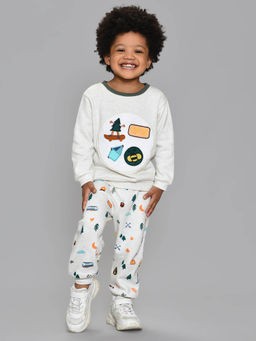 Mi Arcus - Off White Cotton Printed Sweatshirt with Joggers for Kids (Set of 2)