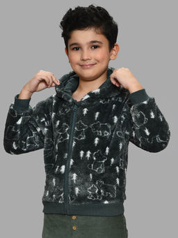 Mi Arcus - Green Printed Full Sleeves Hooded Jacket for Kids