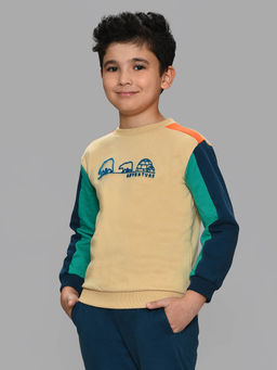 Mi Arcus - Cotton Color Block Beige Full Sleeves Round Neck Sweatshirt for Kids