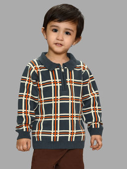 Mi Arcus - Cotton Knitted Check Blue Full Sleeves Sweater for Kids