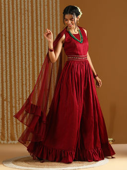 Gajra Gang - Bageecha Maroon Sequined Jumpsuit With Belt & Dupatta GGJS01 (Set of 3)