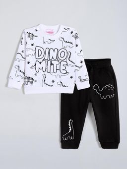 Hopscotch - Dino Embroidered Cotton Jogger with T-Shirt - White