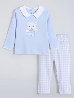 Hopscotch - Teddy Bear Applique Cotton Pants with T-Shirt - Blue