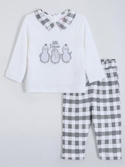 Hopscotch - Penguin Embroidered Cotton Pants with T-Shirt - Grey