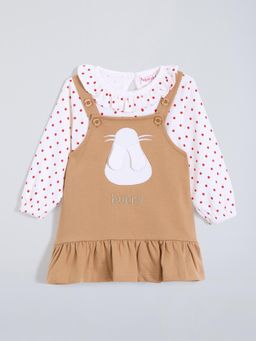 Hopscotch - Bunny Applique Cotton Pinafore Knee Dress with T-Shirt - Brown
