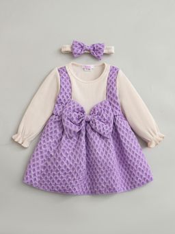 Hopscotch - Textured Bow Applique Knee Dress with Headband - Lavender