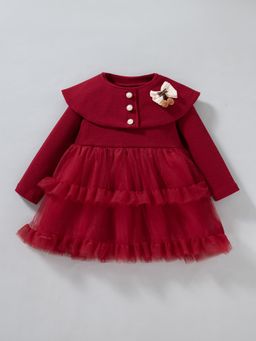 Hopscotch - Bow Applique Knee Dress with Cap - Red