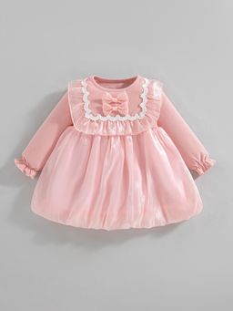 Hopscotch - Lace Embellished Casual Knee Dress - Pink