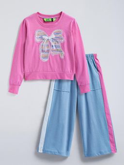 Hopscotch - Bow Applique Cotton Pants with Sweatshirt - Pink
