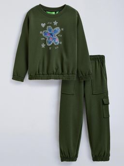 Hopscotch - Stone Embellished Jogger with Sweatshirt - Green