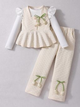 Hopscotch - Tulip Applique Ruffled Pant with Top - Beige