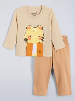 Hopscotch - Tiger Applique Cotton T-Shirt and Pants - Beige