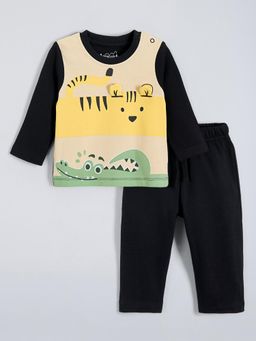 Hopscotch - Cotton Animal Applique T-Shirt and Pants - Beige