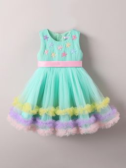 Hopscotch - Star Applique Ruffled Knee Dress - Green