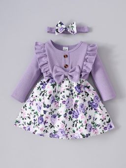 Hopscotch - Floral Bow Applique Knee Dress with Headband - Lavender