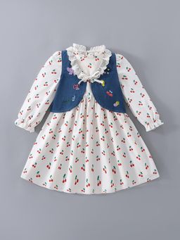 Hopscotch - Ruffle Embroidered Casual Knee Dress with Jacket - White