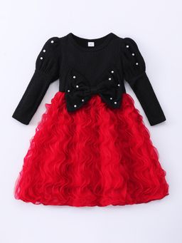 Hopscotch - Bow Applique Textured Casual Knee Dress - Black