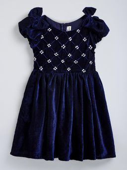 Hopscotch - Stone Embellished Bow Applique Knee Dress - Navy Blue