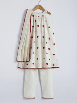 Hopscotch - Heart Embroidered Cotton Kurta Set - White