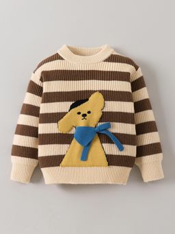 Hopscotch - Striped Dog Applique Sweater - Brown