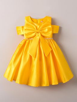Hopscotch - Oversized Bow Applique Knee Dress - Yellow