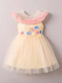 Hopscotch - Floral Applique Round Neckline Knee Dress - Beige