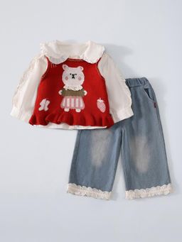 Hopscotch - Teddy Bear Embroidered Jeans with Top and Sweater - Multi-Color