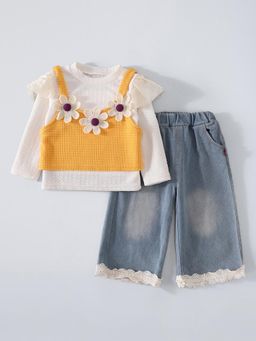 Hopscotch - Daisy Applique Jeans with Top and Sweater - Multi-Color